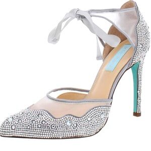 Betsey Johnson Iris Silver Rhinestone Strap Stiletto Heels Pumps new nwt wedding